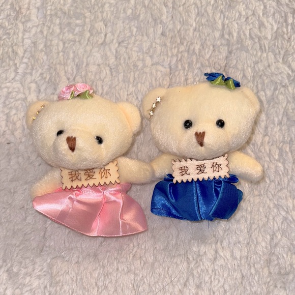 NWOT Beige Blue and Pink Teddy Bear Charm Pair with Floral Accents - Picture 1 of 2